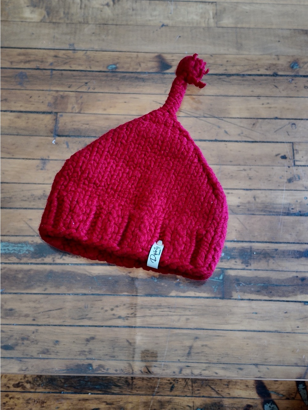 Defiknitly Tasteful Kids Red Chunky Hand-Knit Pixie Beanie Hat Pom Pom